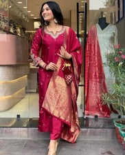 Women's CHANDERI SILK Embroidery Rani Kurta with Pant  Dupatta