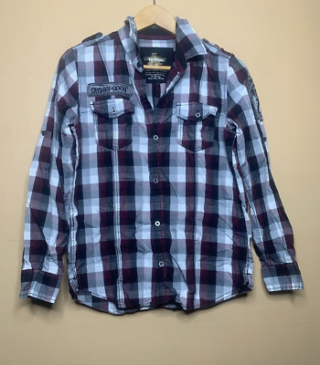 Epic Thread Boy's Size Large Shirt Button Up Burgundy Checkered Long Sleeve 