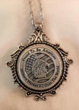 Handsome Flute Furled Rim Proud to Be American Milirary Heroes Silvertn Necklace