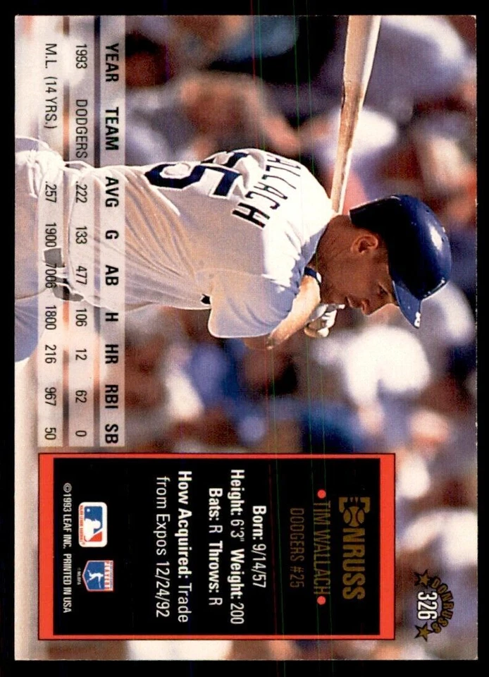 1994 Donruss Tim Wallach Baseball Cards #326 - Image 2 of 2