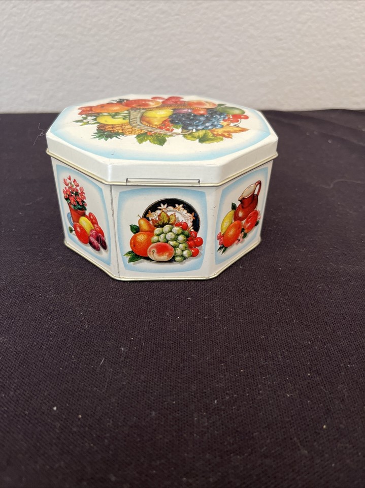 Vintage Small Tin Box with Lid Fruits Basket Design Made In England