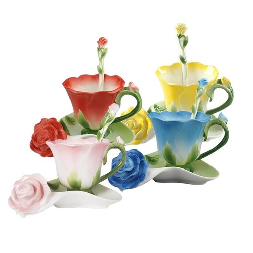 3D Rose Flower Enamel Ceramic Coffee Tea Cup 4pcs Set Saucer Spoon Porcelain Cup - Picture 1 of 5