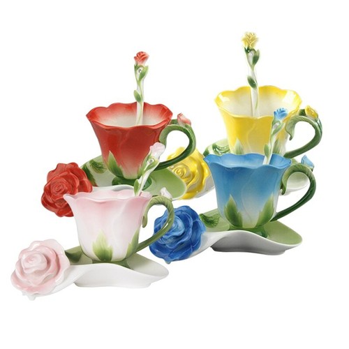 4pcs Set 3D Rose Flower Enamel Ceramic Coffee Tea Cup Saucer Spoon Porcelain Cup - Picture 1 of 4