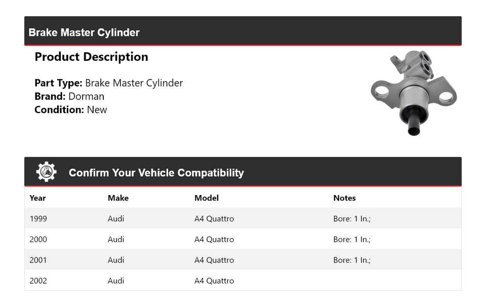 Para 1999-2002 Audi A4 Quattro Dorman cilindro mestre de freio 2000 2001 - Imagem 2 de 4