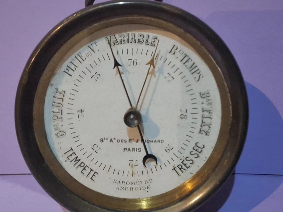 Ancien Baromètre Anéroïde En Laiton Marque Jules Richard Paris France Ø 9 cm - Photo 3/4