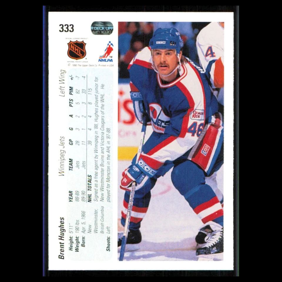 Brent Hughes Rookie #333 1990 Upper Deck Winnipeg Jets Hockey Card NHL NM - Image 2 of 3