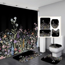 4 Pcs Floral Shower Curtain Set Black Shower Curtain and Rug Set Colorful Flo...