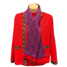 YSL Knitted Cardigan, Sweater and Scarf Set Wool Red M