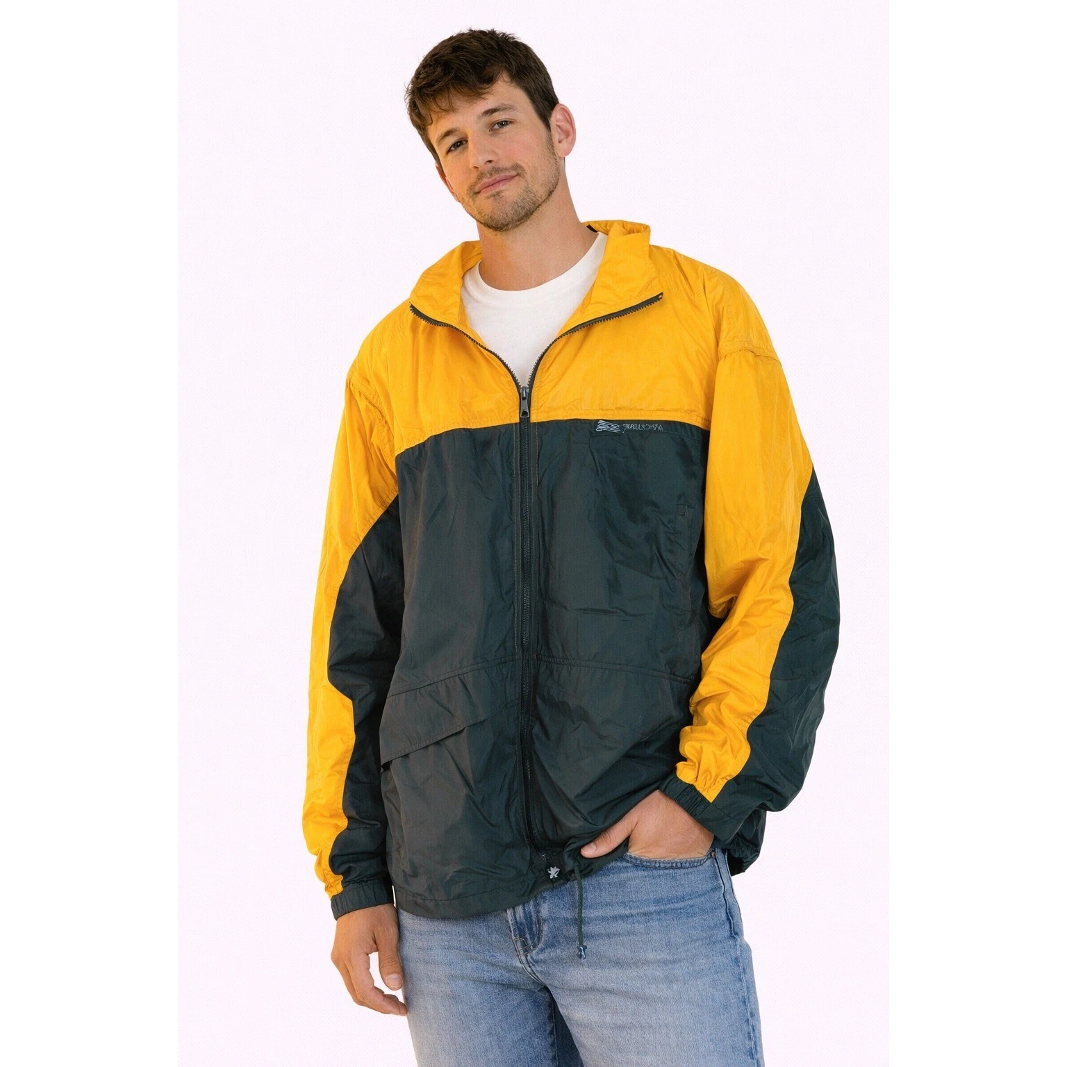 USA Olympic Windbreaker Jacket Mens Large Yellow Green Colorblock Vintage Retro