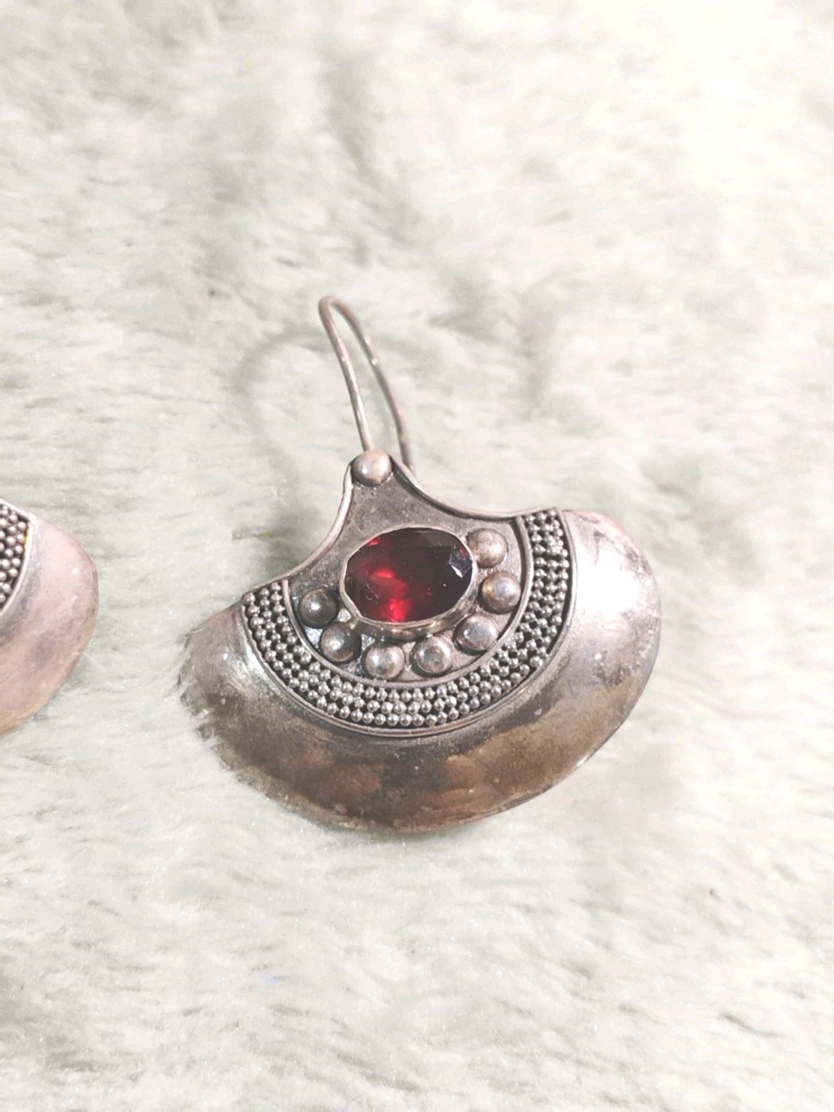 VTG Sterling Silver RUBY Half Circle Hook Earrings - image 3