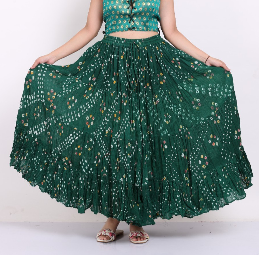 Falda flamenca larga a lunares verde oscuro JAIPURI 100 % algodón ATS de 4 ni...