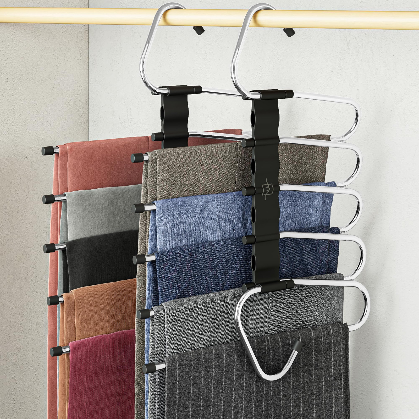 Space-Saving Non-Slip Pants Hangers - 2 Pack Multi-Layer Closet Organizers for Efficient Storage