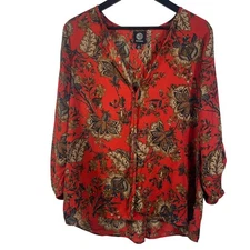Bobeau Red Floral Print Blouse Women M Boho Peasant Top Long Sleeve Lightweight