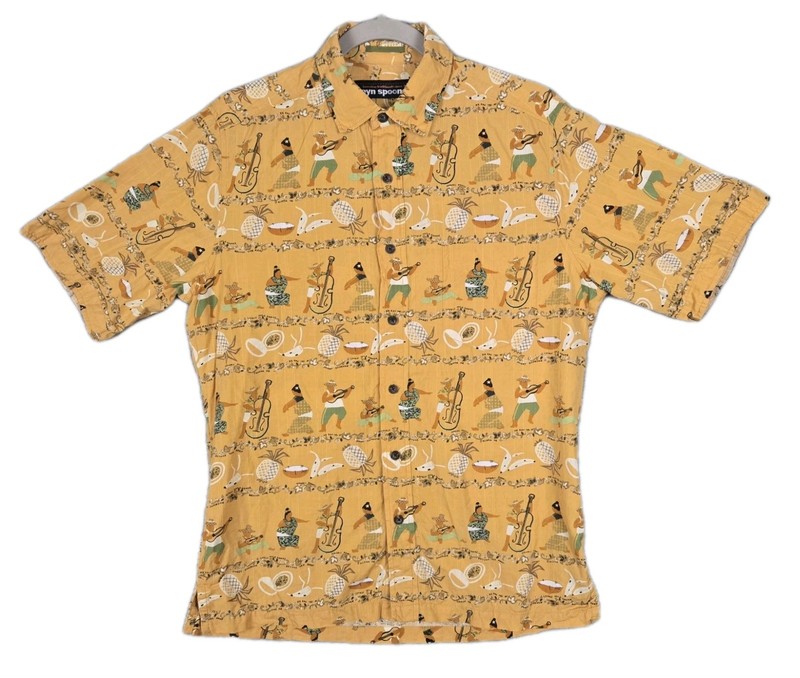 Reyn Spooner Hawaiian Shirt Golden Yellow Musical Hula Dancers Men's Size Small