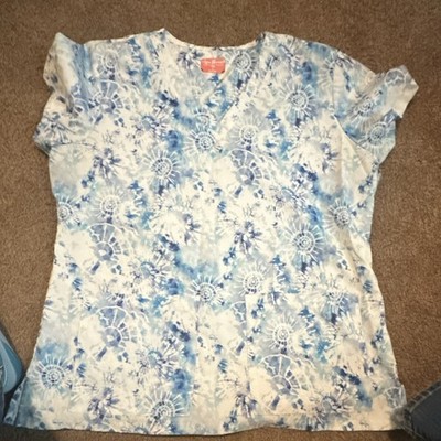 Ava Therese Women's Scrub Top Blue White Tie-Dye Woven Cotton Medical L 1054