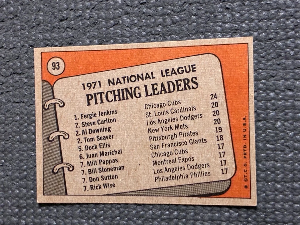 1972 Topps N.L. Pitching Leaders F. Jenkins/S. Carlton/A. Downing/T. Seaver No93 - Изображение 2 из 2