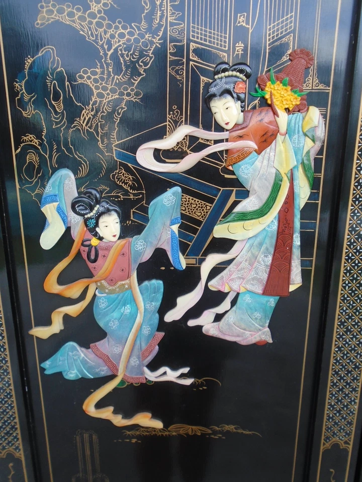 Pantalla asiática divisor de habitación pagoda foo perros geisha japonesa chinoiserie coromandel Foto 3 de 4