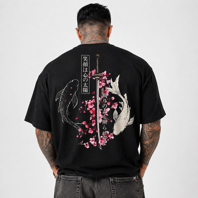 Japanese Koi Fish Samurai Sword T-Shirt Sakura Cherry Blossom Graphic Tee