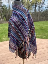 Vtg 1971 Hand Loomed Woven Cotton Shawl Wrap Multi Colored Fringed Guatemala