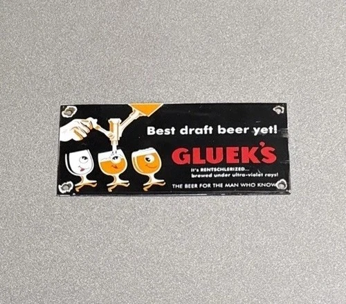 VINTAGE GLUEK’S DRAFT BEER PORCELAIN SIGN CAR GAS TRUCK MOTORCYCLE