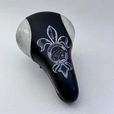 Mongoose BMX Bike Saddle Seat Black White Fleur-de-Lis Logo Clamp Old School A76