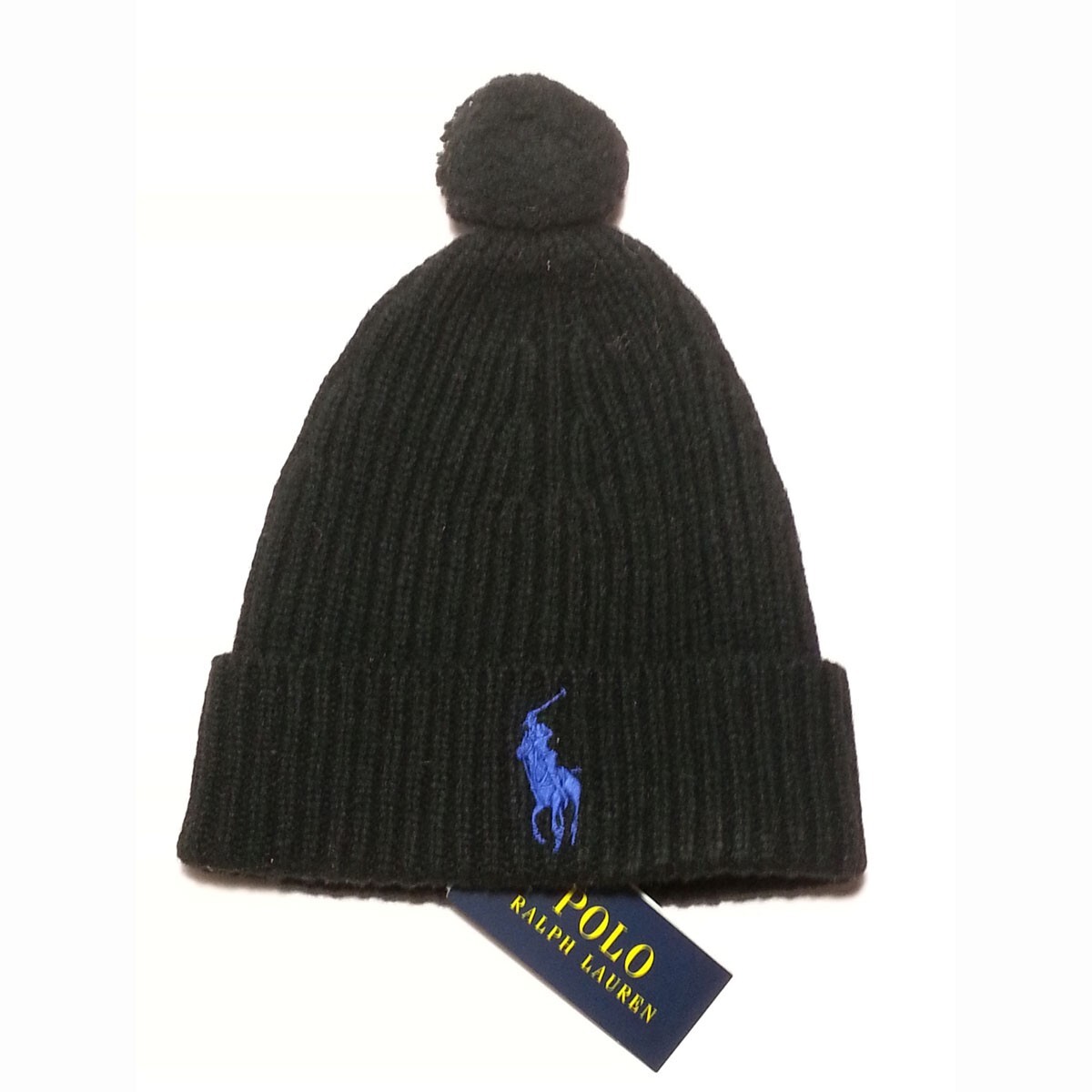 POLO Ralph Lauren Beanie Cappello 50% Lana 50% Nylon Nero Blu Pony