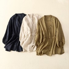 Blusa Donna A V In Cotone E Lino Morbida Con Bottone Casual Con Cintura