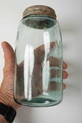 Mason Jar Clear Aqua Quart (P2R-3) w/Glass Lined Zinc Lid Pat Nov 30 1858 20 - Picture 3 of 12