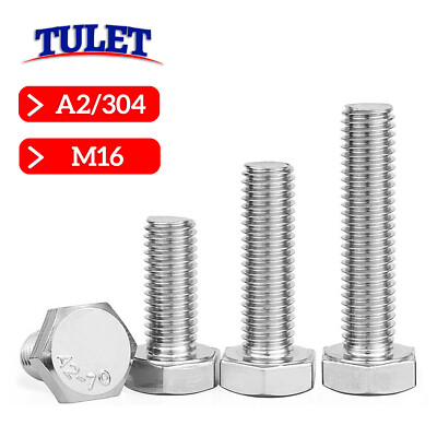 M16 Hex Cap Bolts / Screws, A2 304 Stainless Steel, 2.0 Coarse DIN 933 Tap 18-8