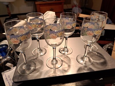 6 Luminarc 6 Oz. Stem Wine Beautiful Floral Print Glasses Made In France florine