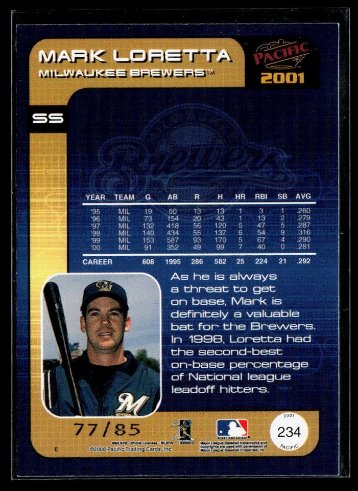 Mark Loretta 2001 Pacific Retail LTD #234 #/85 Slightly Touched Corners SN - Image 2 of 2