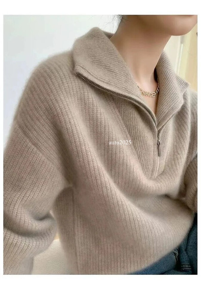 Large lapel thick cashmere sweater women's 100 pure wool zipper sweater pullover lazy loose knit base top