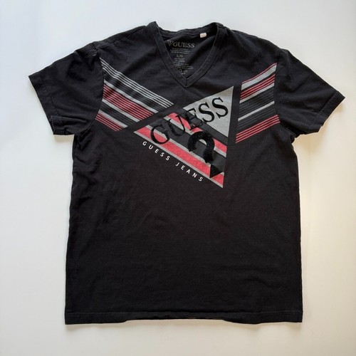GUESS Jeans Logo V-Neck Short Sleeve T-Shirt Adult Large Black Velvet