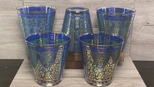 Georges Briard Paisley Glasses 22k Gold Sari Blue MCM Lowball Signed 5pc