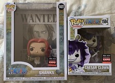 Funko! One Piece: Caesar Clown & Shanks Wanted Poster C2E2 Shared Sticker Inhand