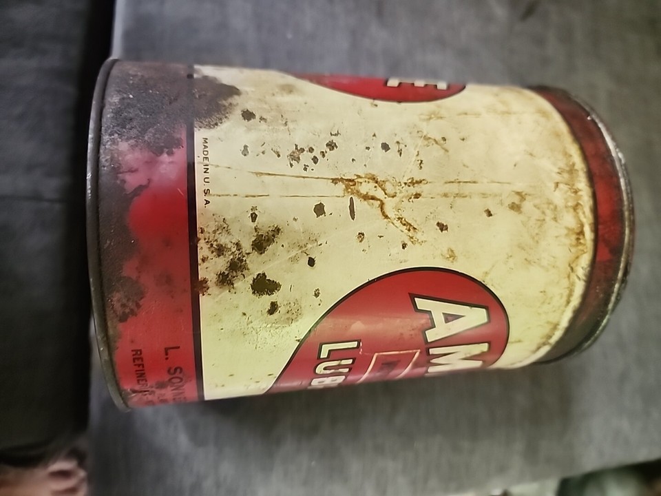 Vintage 5lb AMALIE Grease Can Viscous Pressure No 2 gas oil garage sign