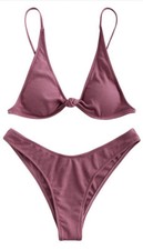Zaful pale violet red cheeky ribbed knot bikini swimsuit set size M