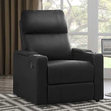 Home Theater Recliner Armchair Seat Black Padded Faux Leather USB Cupholder