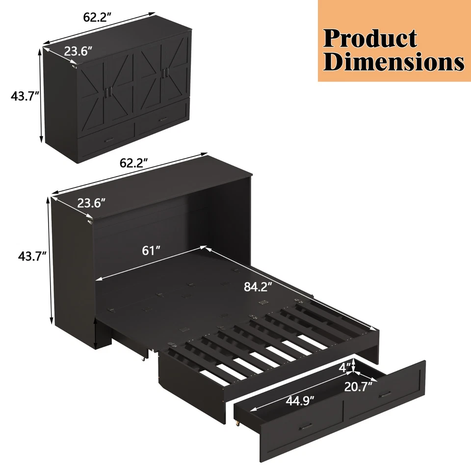 Cama Queen Murphy, gabinete Murphy con estación de almacenamiento y carga (negro) Foto 2 de 4