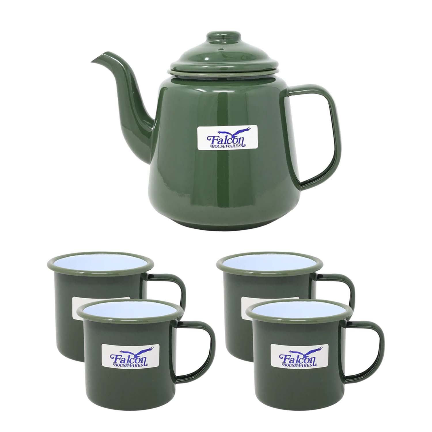 5pc Steel Teapot Set Green Enamel White 1.5ml Tea Pot 350ml Coffee Mug Drinkware