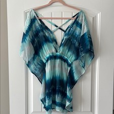 Miken Swim Teal Blue Ombre V-Neck Crisscross Swimsuit Cover Up XS