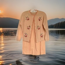   Vtg 60s Glanamere Campus Angora Wool Floral Sweater  Skirt Set Peach NOS