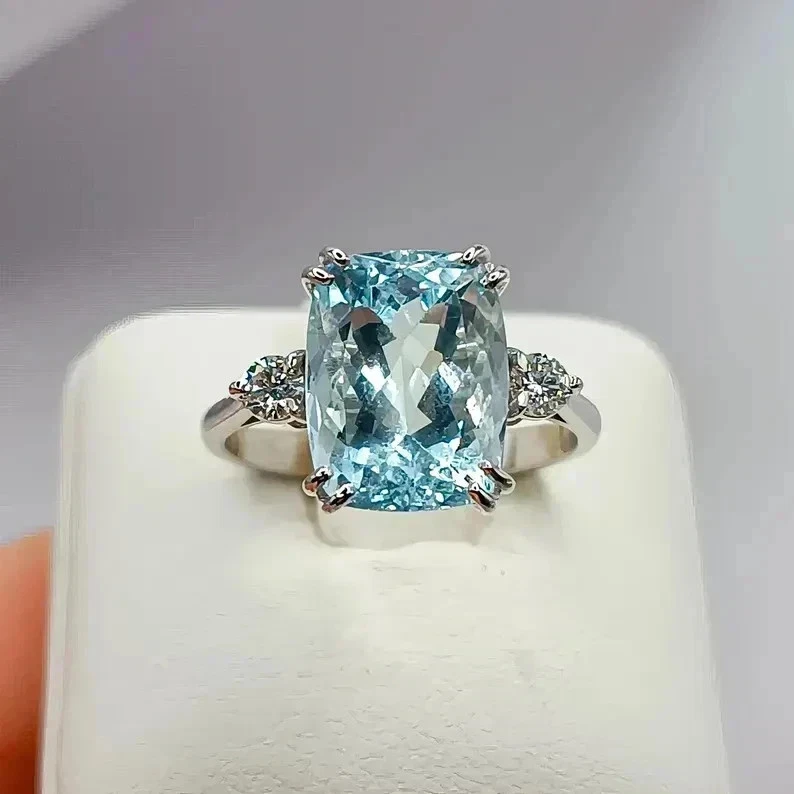 Cushion Cut 6.50 Ct Natural Aquamarine & Diamond Solid 14K White Gold Ring - Image 2 of 4