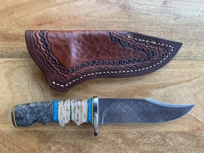 JR Gray Bowie. Snake Eye Damascus. Box Elder Burl and Turquoise. Cert of Authen