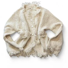 POL Frayed Metallic Cardigan Sweater, Ivory & Gold, Women’s Size L