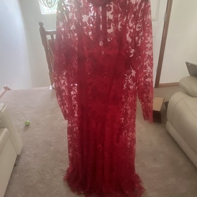 Anewsta Elegant Red Floral Applique Lace Mesh Maxi Dress Sequins Back Zip