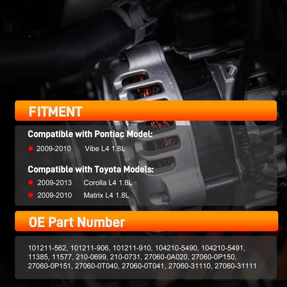 Alternator For Toyota Corolla 1.8L 2009 2010 2011 2012 2013 11385 11386 11577 - Image 2 of 4