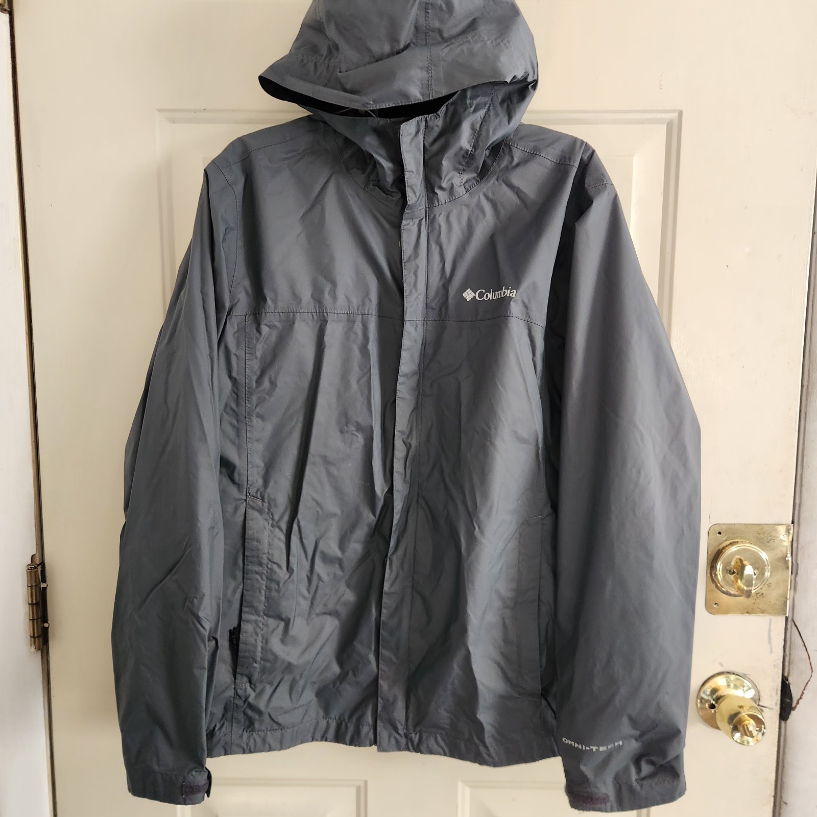 Columbia Omni Tech Jacket Men's Medium Gray EUC Waterproof Breathable Hooded Zip