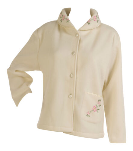 Womens Polar Fleece Bed Jacket Slenderella Button Up Floral Embroidery Housecoat - Picture 4 of 51