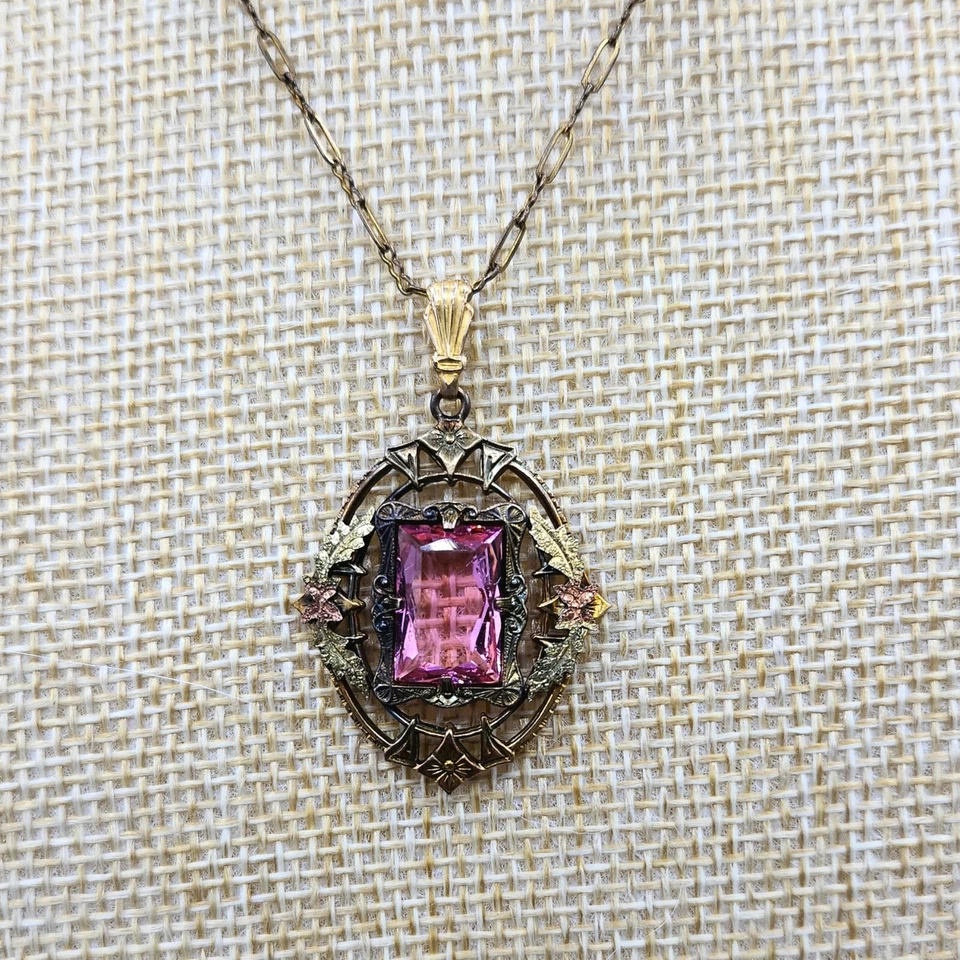 Collar colgante Estate Art Nouveau eduardiano GF pasta de vidrio rosa ornamentado 16" Foto 2 de 4